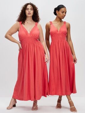 Abercrombie & Fitch Coral Linen Blend V-Neck Smocked Waist Sleeveless Dress